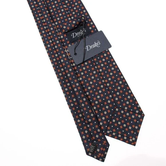 Drake's NWT Neck Tie in Navy w/ Orange/White/Yellow Geometric Pattern 100% Silk